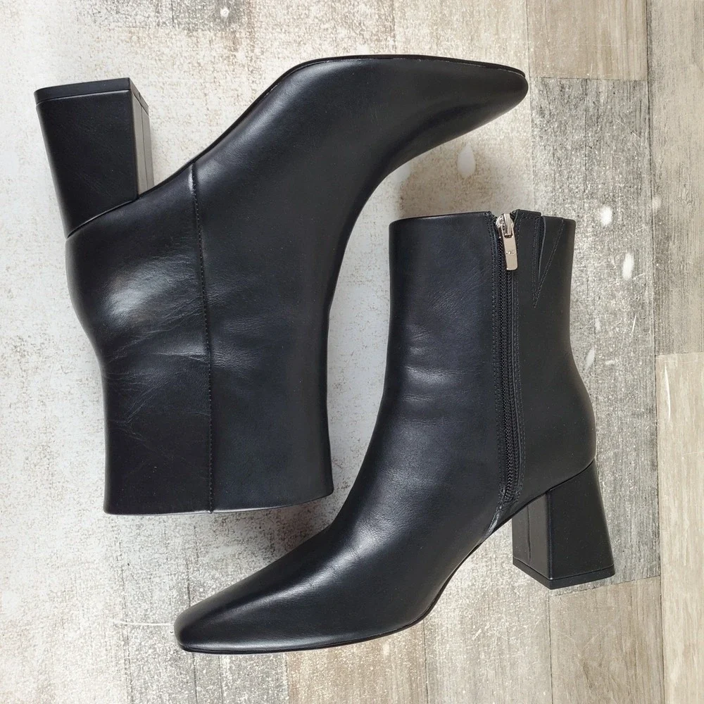Marc Fisher LTD Floria Womens Boots Sz 6.5 Black Leather Side Zip Block Heel